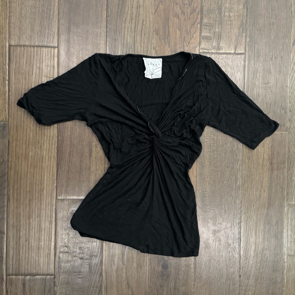 Velvet Black Ruched 3/4 Sleeve Blouse